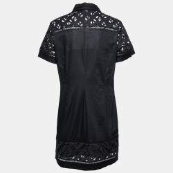 Pre Owned Kenzo Black Cotton Poplin Lace Detailed Short Sleeve Dress M