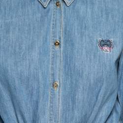 Pre Owned Kenzo Blue Washed Denim Tiger Embroidered Shirt Dress S