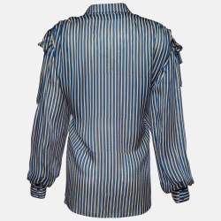 Pre Owned Kenzo Blue Striped Silk Shoulder Tie Detail Button Front Blouse XL