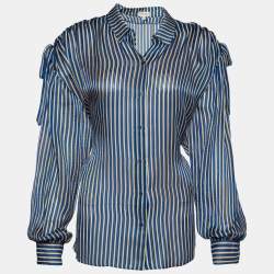 Pre Owned Kenzo Blue Striped Silk Shoulder Tie Detail Button Front Blouse XL