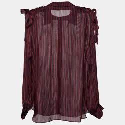 Pre Owned Kenzo Black Striped Silk Shoulder Tie Detail Button Front Blouse XL