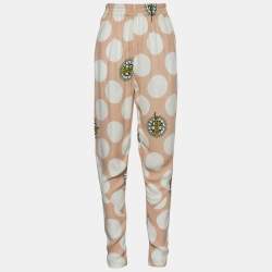 Kenzo Beige Dot Statue of Liberty Print Crepe Elasticized Waist Trousers XS