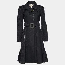 Kenzo Black Floral Jacquard Belted Single Breasted Coat M