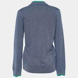 Pre Owned Kenzo Blue Mélange Cotton Tiger Patch Zip Front Cardigan S