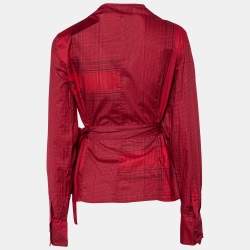 Pre Owned Kenzo Red Printed Cotton Front Tie Detail Blouse L