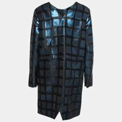Pre Owned Kenzo Black & Blue Metallic Square Jacquard Shift Dress L