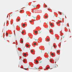 Pre Owned Kenzo White Poppy Printed Tie Front Blouse M