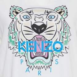 Pre Owned Kenzo White Tiger Print Cotton Crew Neck T-Shirt L