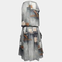 Kenzo Grey Abstract Printed Gauze Draped Asymmetrical Midi Dress M