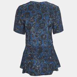 Pre Owned Kenzo Navy Blue Floral Printed Silk Asymmetrical Peplum Top M