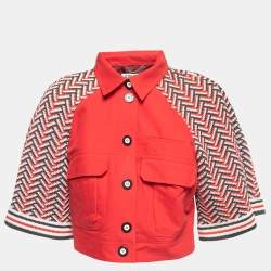 Kenzo Red Cotton Pattern Knitted Sleeves Button Front Cropped Jacket L