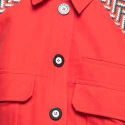 Kenzo Red Cotton Pattern Knitted Sleeves Button Front Cropped Jacket L