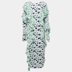 Pre Owned Kenzo Multicolor Crepe Ruffle Detailed Long Sleeve Midi Dress L