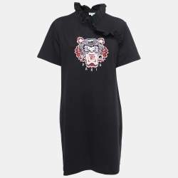Pre Owned Kenzo Black Tiger Motif Cotton Ruffled Midi Dress L