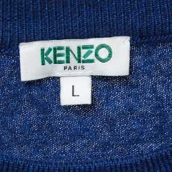 Pre Owned Kenzo Blue Logo Print Wool Crew Neck Sweater L
