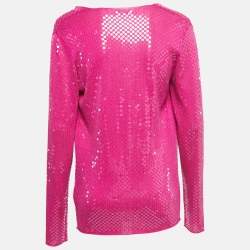 Pre Owned Kenzo Pink Sequin Embellished Silk Knit Draped Long Sleeve Tunic L
