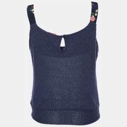 Pre Owned Kenzo Navy Blue Alpaca Knit & Silk Sleeve Tank Top L