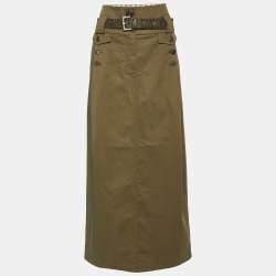 Pre Owned Kenzo Olive Green Cotton Belted Midi Skirt M