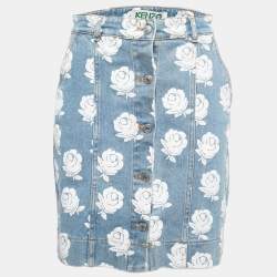 Kenzo Blue Floral Print Denim Knee Length Skirt M 