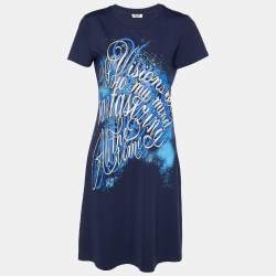 Pre Owned Kenzo Navy Blue Printed Cotton Knit Mini Dress L