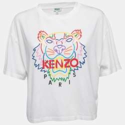 Kenzo White Logo Print Cotton Crew Neck Cropped Half Sleeve T-Shirt M