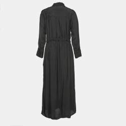 Pre Owned Kenzo Black Logo Patterned Crepe Button Front Belted Shirt Midi Dress S