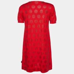 Pre Owned Kenzo Red Lurex Polka Cotton Knit Mini Dress L