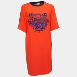 Kenzo Orange Crepe Tiger Motif T-Shirt Dress S