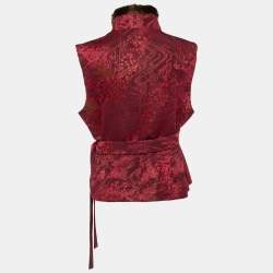 Kenzo Burgundy Lurex Jacquard Faux Fur Detail Wrap Jacket L