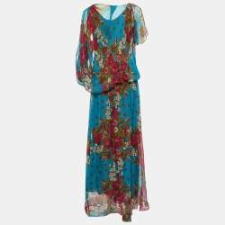 Pre Owned Kenzo Blue Floral Print Silk Elasticized Waist Maxi Dress XL