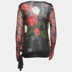 Kenzo Black/Red Checked Floral Print Silk Long Sleeve Top M