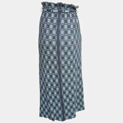 Pre Owned Kenzo Blue Monogram Pattern Knit Belted Midi Skirt M
