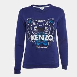 Pre Owned Kenzo Blue Logo Embroidered Cotton Crew Neck Sweatshirt S