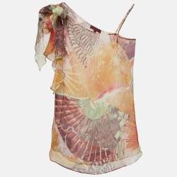 Kenzo Multicolor Printed Silk Shoulder Tie-Up Semi Sheer Top S