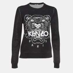 Kenzo Black Tiger Logo Embroidered Wool Blend Crew Neck Sweater S