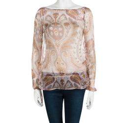 Pre Owned Kenzo Pink Paisley Printed Crinkled Silk Chiffon Long Sleeve Blouse M