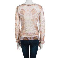 Pre Owned Kenzo Pink Paisley Printed Crinkled Silk Chiffon Long Sleeve Blouse M