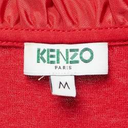Kenzo Red Tiger Logo Embroidered Cotton Ruffle Neck T-Shirt M