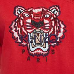 Kenzo Red Tiger Logo Embroidered Cotton Ruffle Neck T-Shirt M