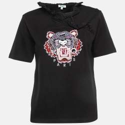 Pre Owned Kenzo Black Tiger Embroidered Cotton Ruffled T-Shirt S