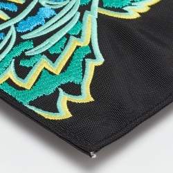 Pre Owned Kenzo Black Tiger Embroidered Leather Zip Flat Pouch