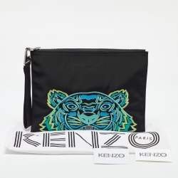 Pre Owned Kenzo Black Tiger Embroidered Leather Zip Flat Pouch
