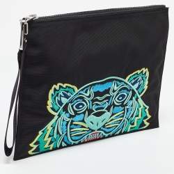 Pre Owned Kenzo Black Tiger Embroidered Leather Zip Flat Pouch