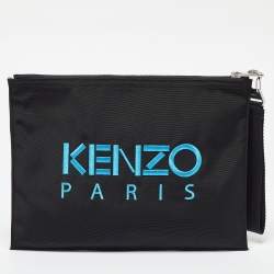 Pre Owned Kenzo Black Tiger Embroidered Leather Zip Flat Pouch