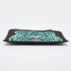 Pre Owned Kenzo Black Tiger Embroidered Leather Zip Flat Pouch