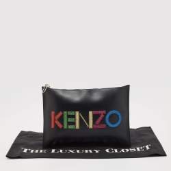Pre Owned Kenzo Black Leather Logo Flat Zip Pouch