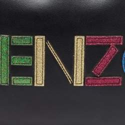 Pre Owned Kenzo Black Leather Logo Flat Zip Pouch