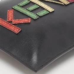 Pre Owned Kenzo Black Leather Logo Flat Zip Pouch