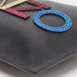Pre Owned Kenzo Black Leather Logo Flat Zip Pouch