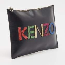 Pre Owned Kenzo Black Leather Logo Flat Zip Pouch